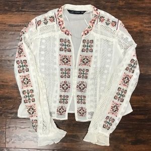 Zara Sheer White Boho Embroidered Blouse